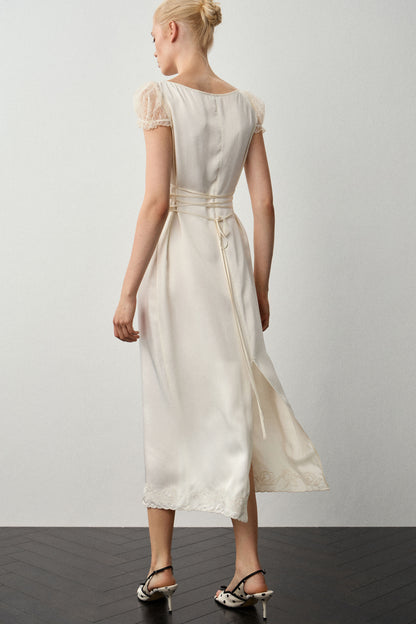 LACE-TRIMMED SATIN DRESS